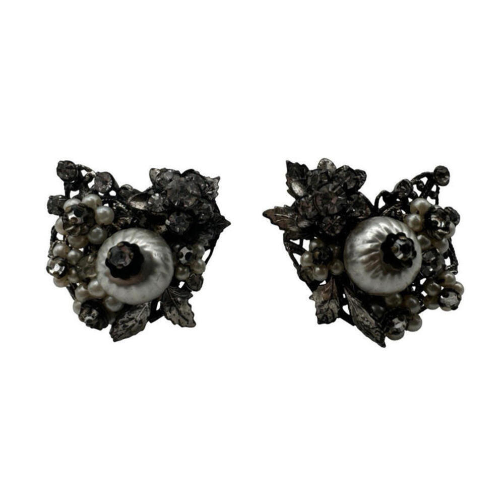 Original By Robert Faux Pearl Rhinestone Clip-On Leaf Earrings Silver Tone